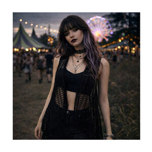 Black Crochet Mesh L Open Vest Cardigan Boho Grunge Festival Y2k Goth Draped